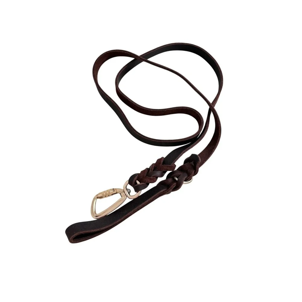 NWOT Dark Brown Leather Dog Leash Braided Accents Gold Carabiner‎ Clip 60 Inch